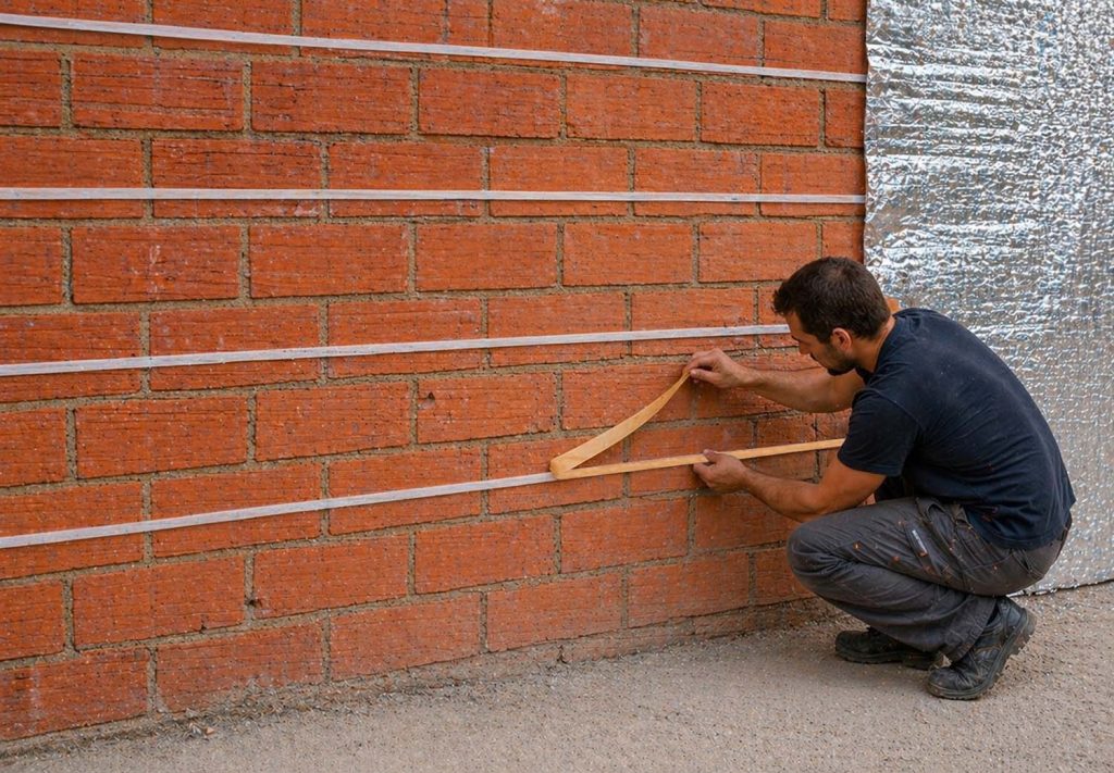 Aplicación en pared de tiras separadoras adhesivadas de foam